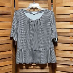 Liz Claiborne Black White Peplum Blouse Women XL Shirt Rayon Spandex